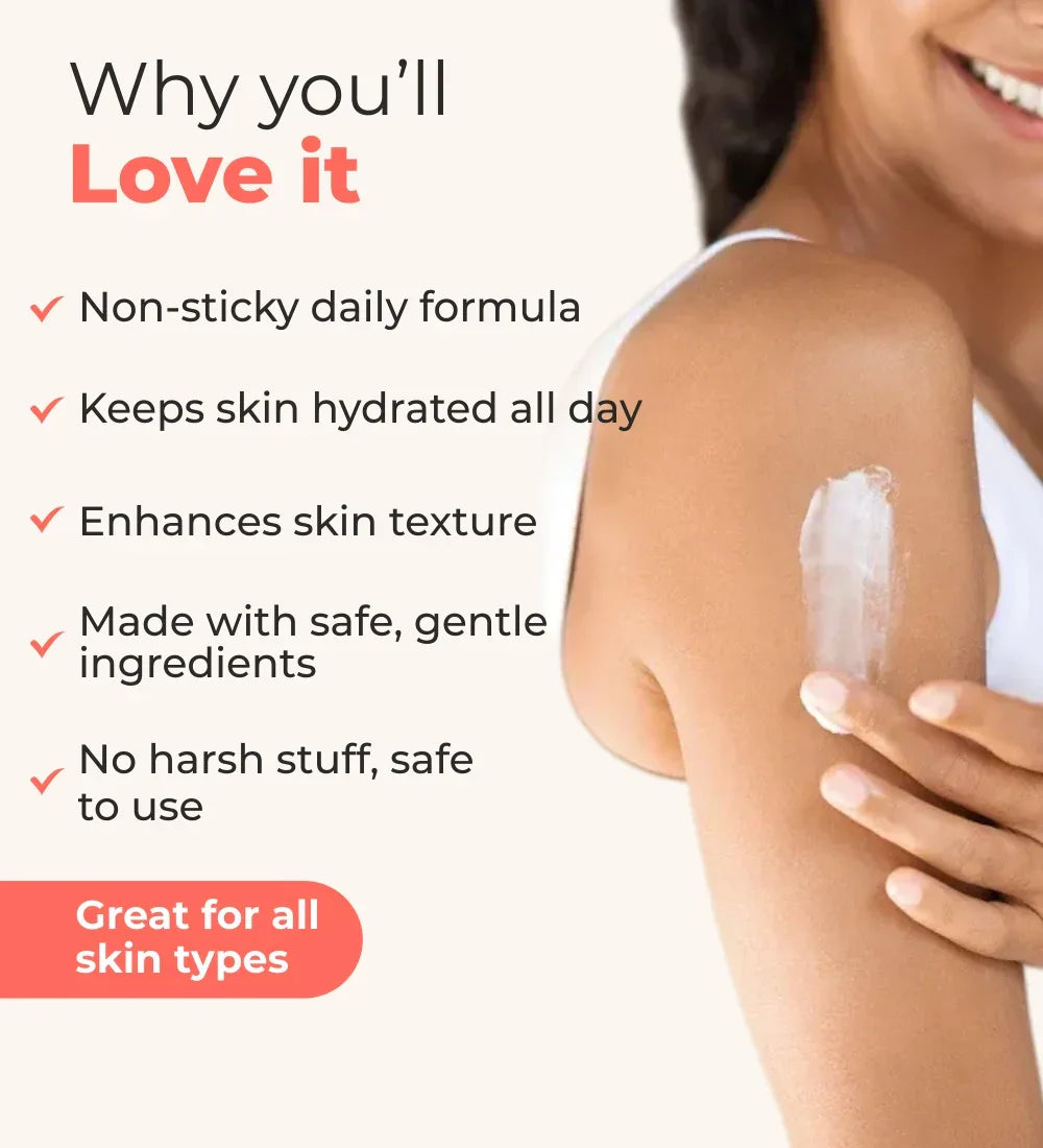 Woman applying body lotion on arm with benefits text for all skin types, hydration, gentle formula