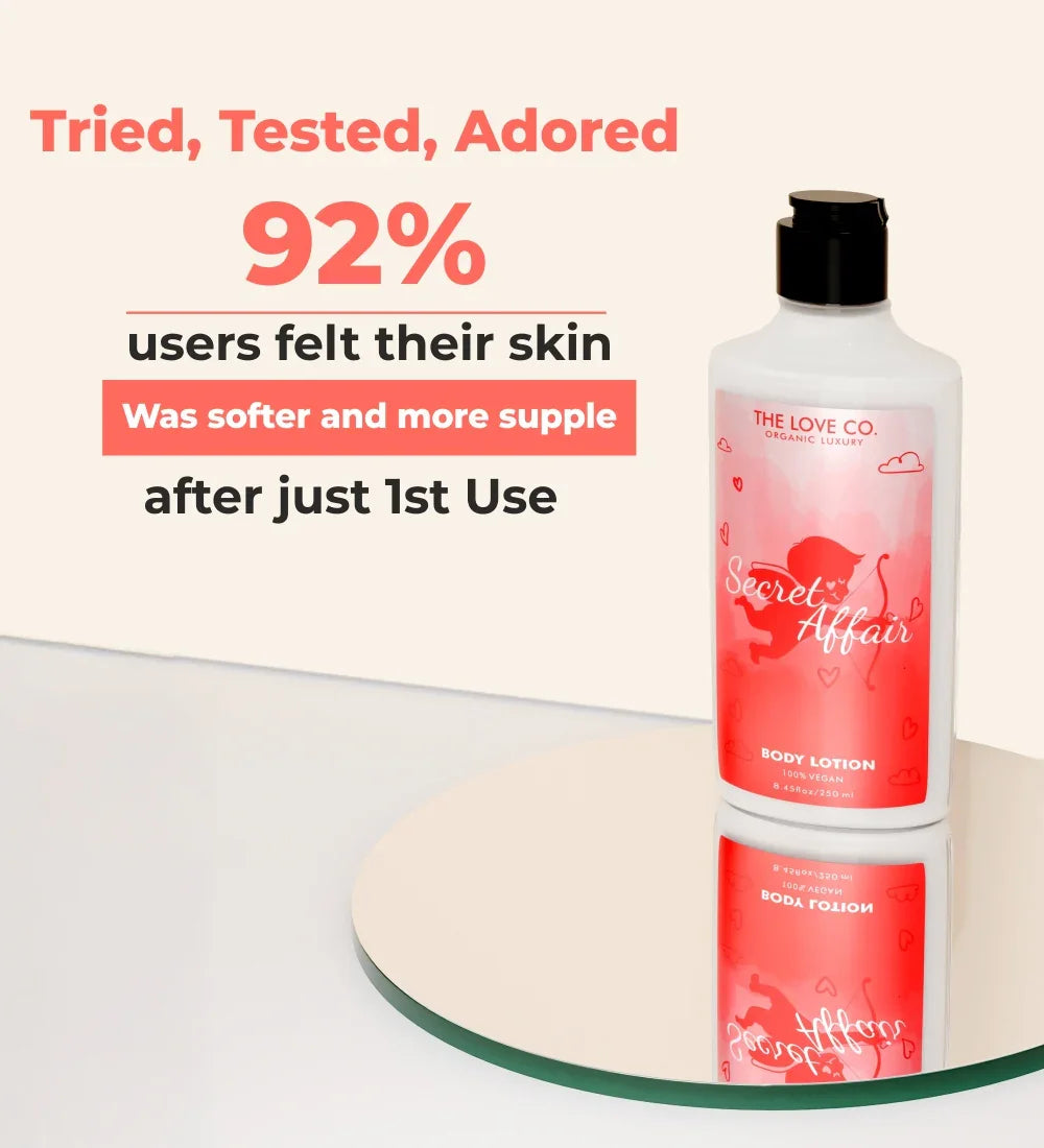 Secret Affair body lotion bottle by The Love Co. on mirrored surface with product benefits text