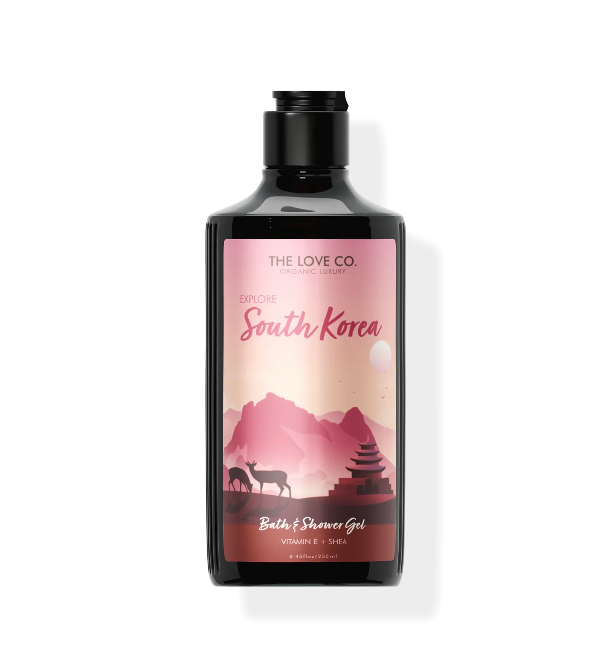 Bottle of The Love Co. bath and shower gel with a South Korea design on the label.
