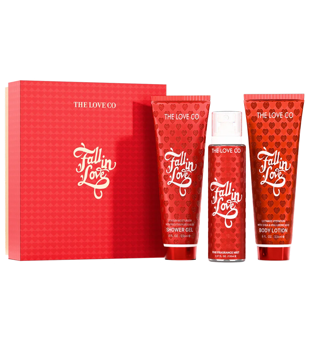 Red 'Fallin Love' product set with 'The Love Co' branding on a white background