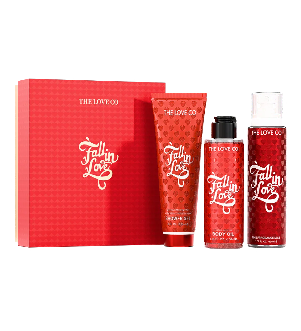 Red 'Fall in Love' product set with 'The Love Co.' branding on a white background