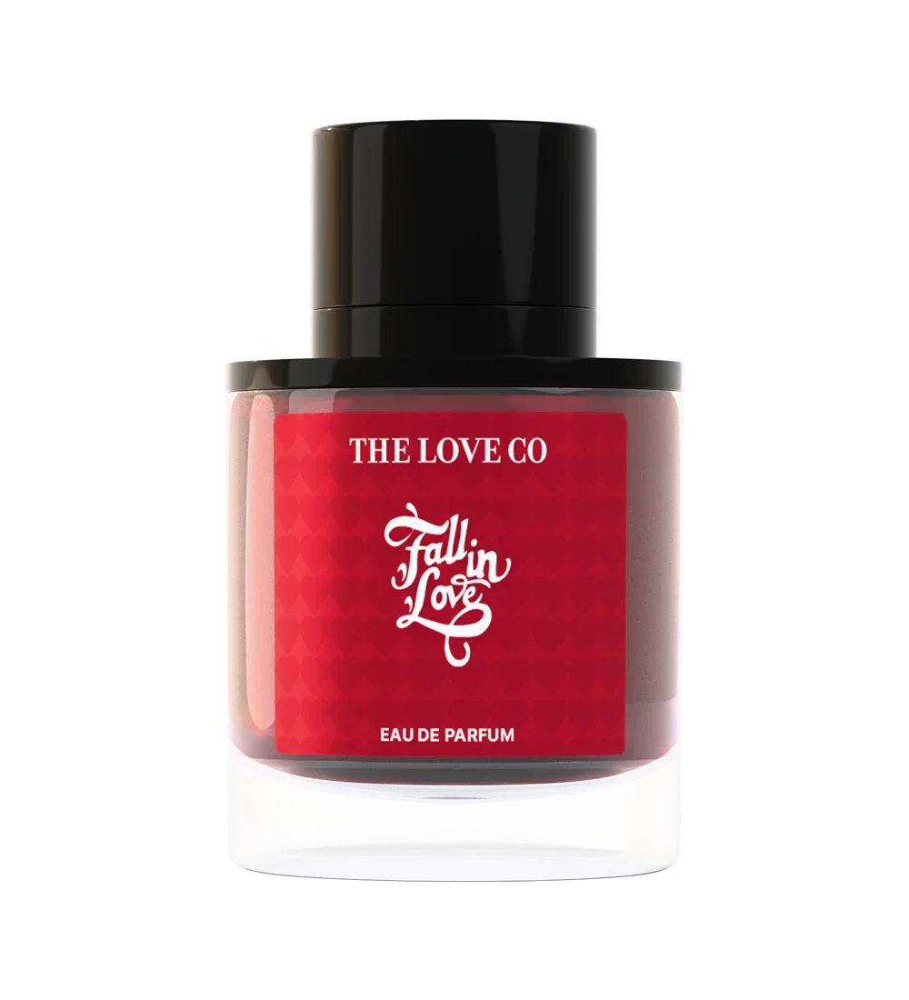 THE LOVE CO Fall in Love perfume bottle with red label and black cap, Eau de Parfum 50ml