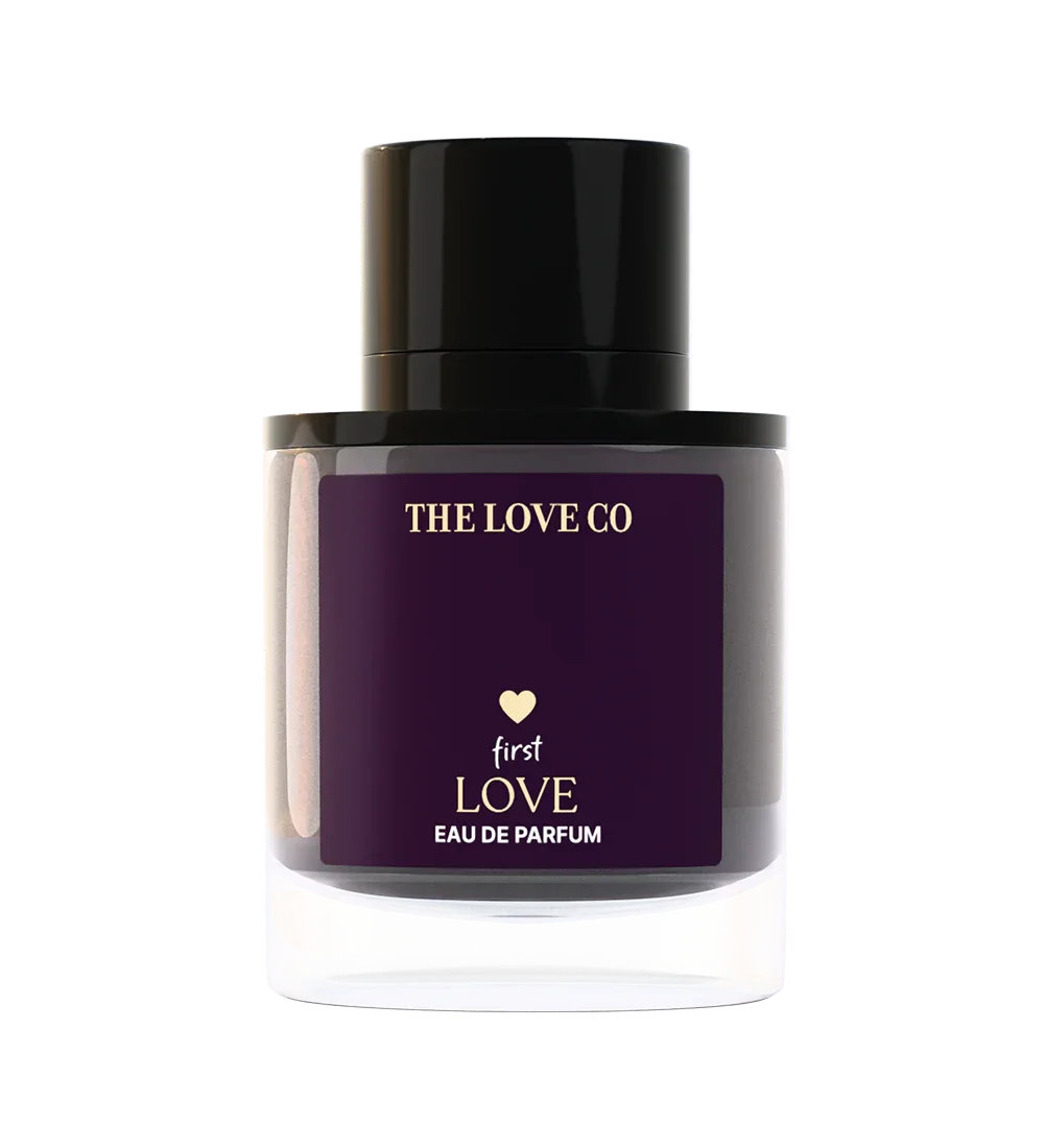 THE LOVE CO First Love Eau De Parfum 50ml perfume bottle with black cap and purple label