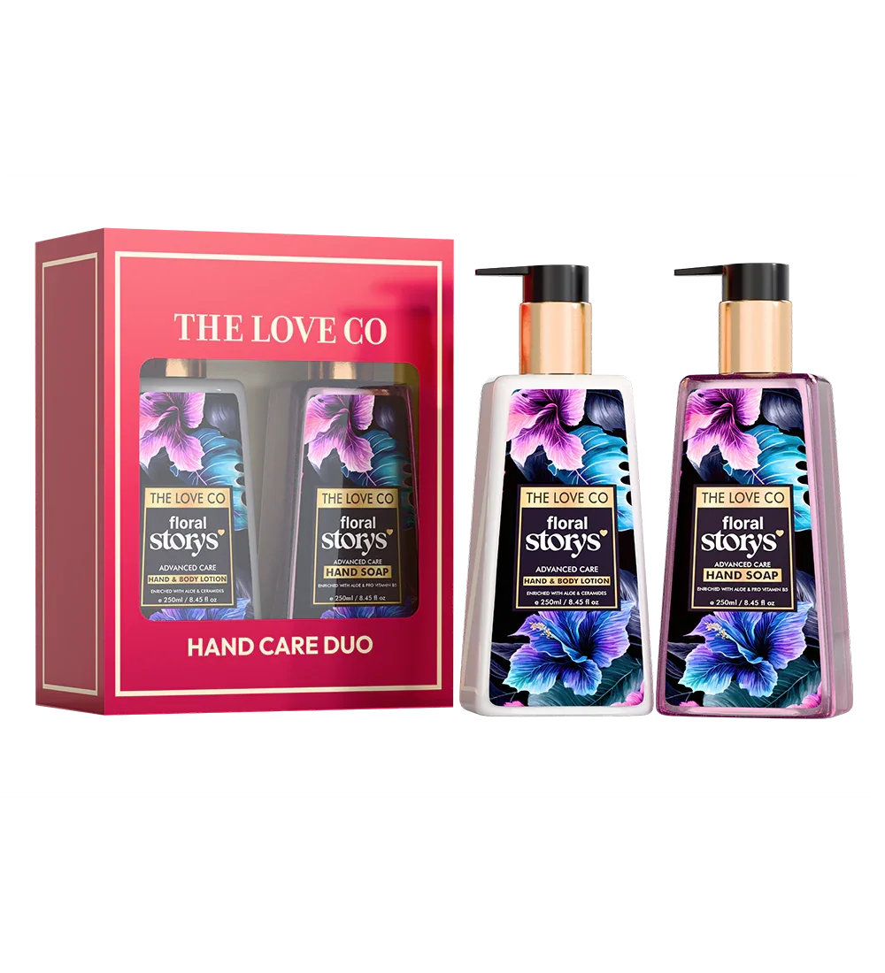 The Love Co Floral Story's hand care duo set with floral design, hand soap and lotion bottles.