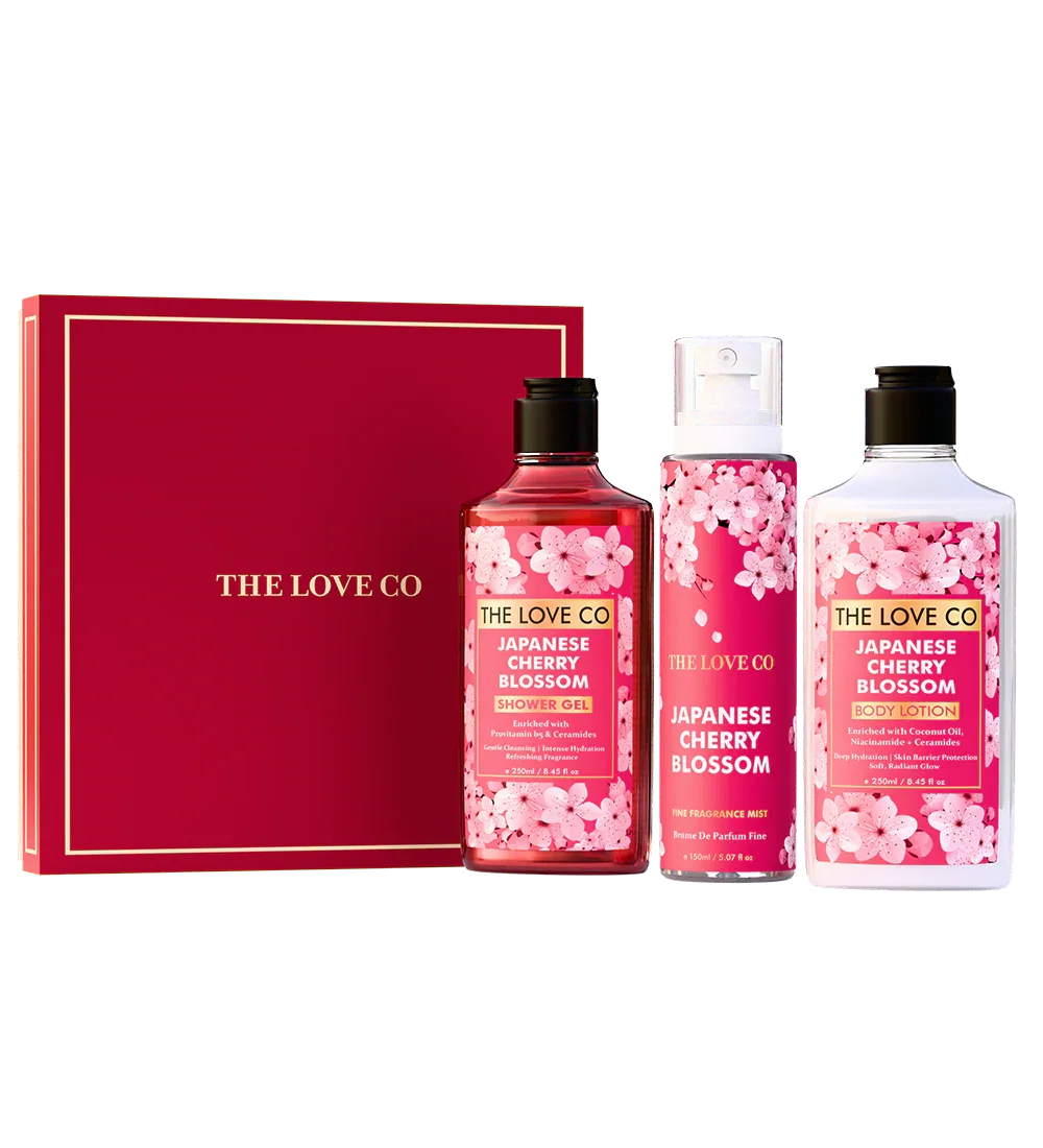 The Love Co Japanese Cherry Blossom gift set with shower gel, mist, and body lotion bottles