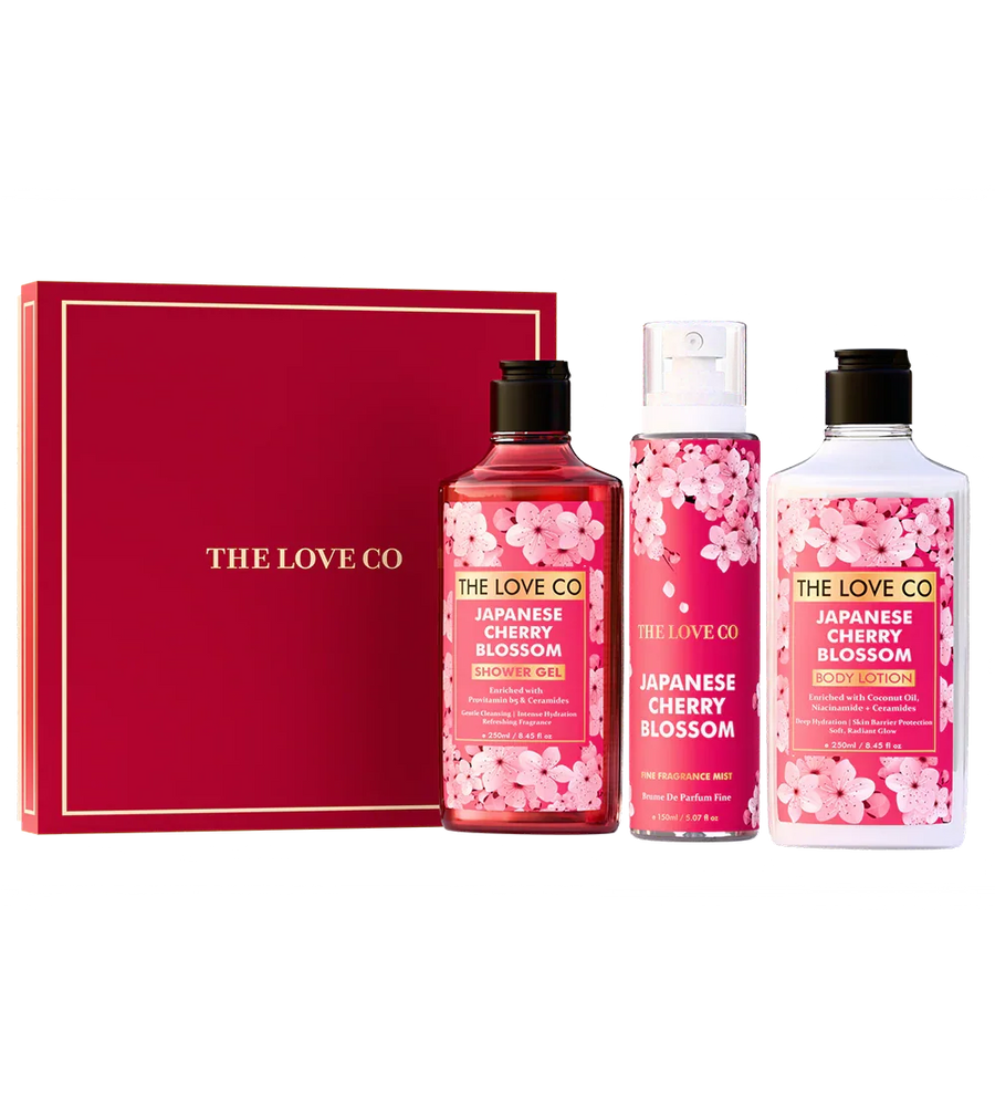 Japanese Cherry Blossom Gift Box Trio — front of bottle, fragrance-led body care