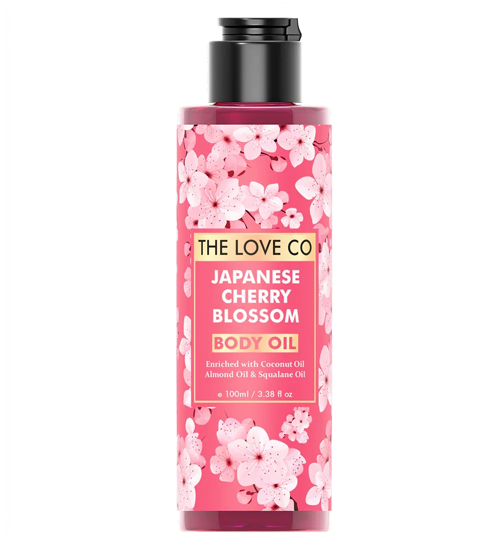 The Love Co Japanese Cherry Blossom body oil 100ml with pink floral bottle design