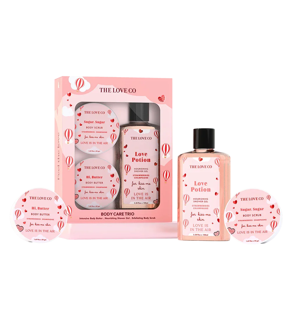 The Love Co Love Potion body care trio set with shower gel, body scrub, and body butter in pink packaging