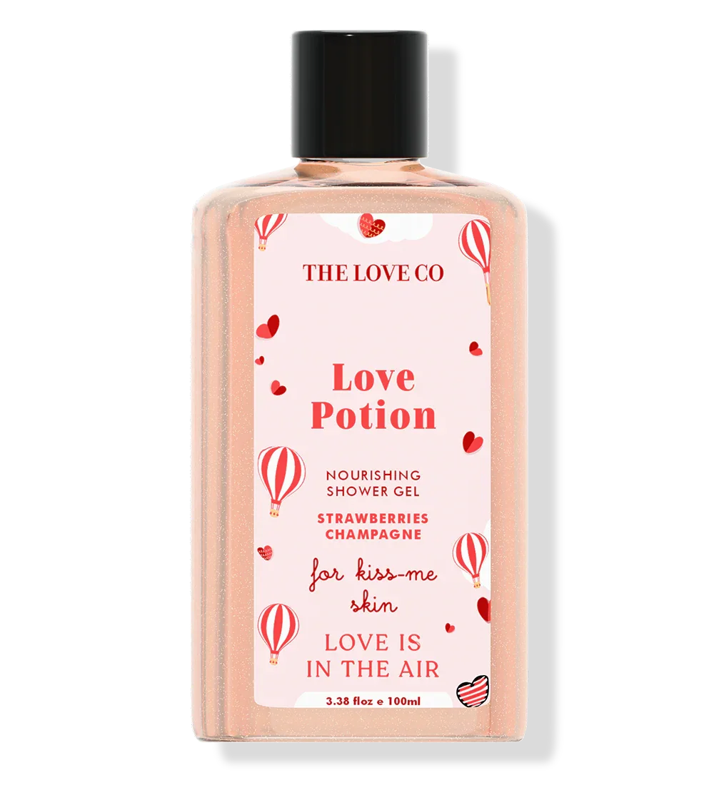 THE LOVE CO Love Potion nourishing shower gel, strawberries champagne scent, 100ml bottle