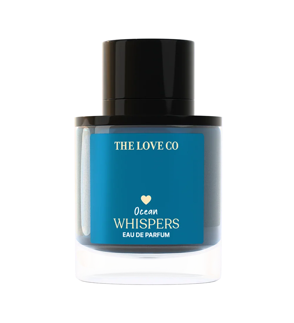 THE LOVE CO Ocean Whispers perfume 50ml bottle with blue label and black cap