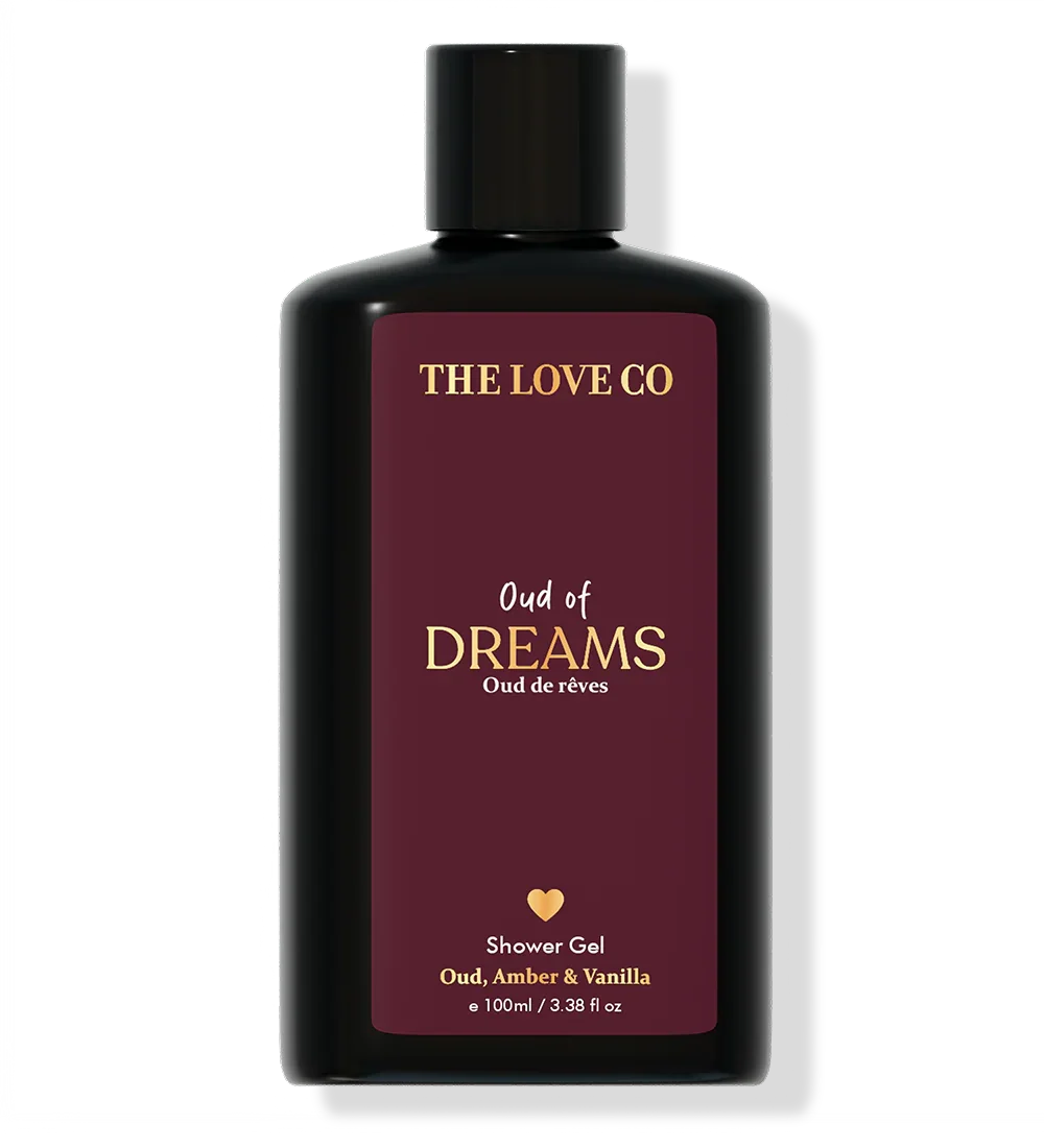 THE LOVE CO Oud of Dreams shower gel 100ml bottle with oud, amber, and vanilla