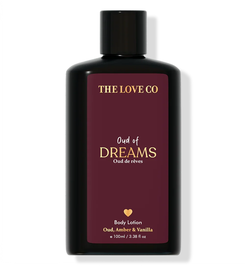 THE LOVE CO Oud of Dreams body lotion 100ml black bottle with maroon label