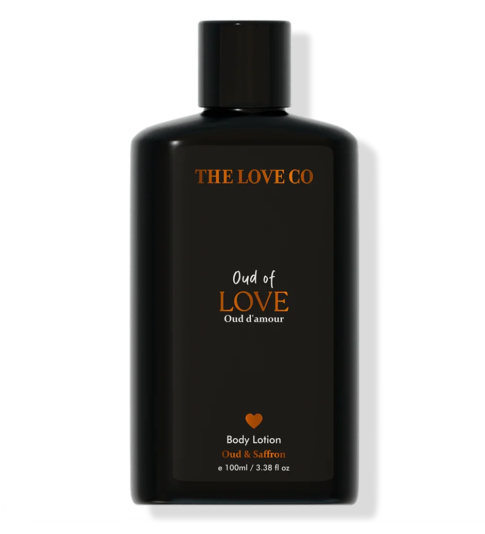 THE LOVE CO Oud of Love body lotion bottle, 100ml, black packaging, oud and saffron
