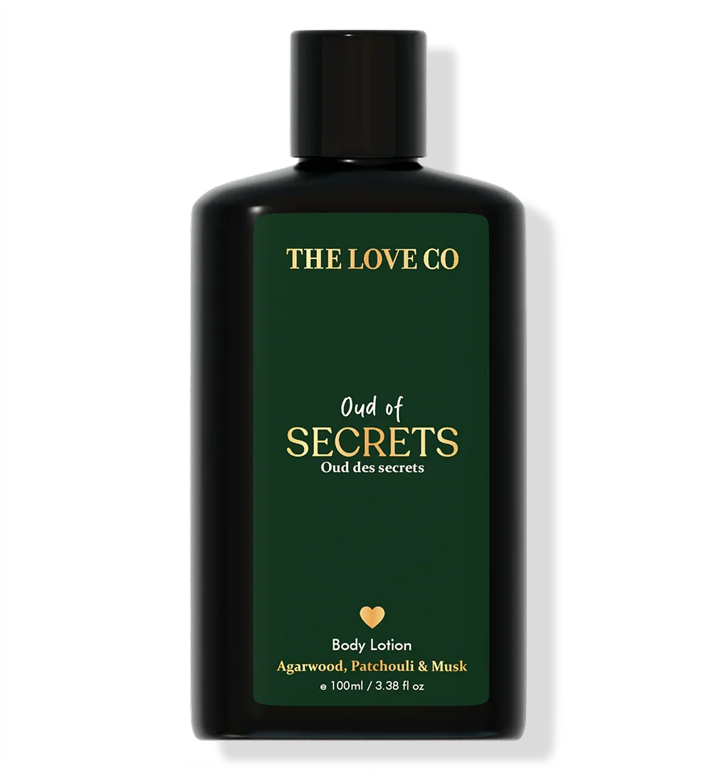 THE LOVE CO Oud of Secrets body lotion 100ml bottle with green and gold label