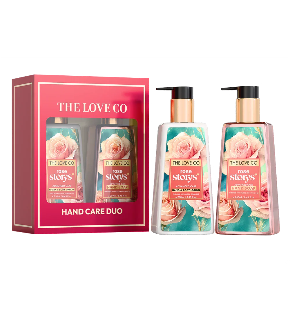 THE LOVE CO Rose Story's hand care duo set with hand soap and hand & body lotion bottles