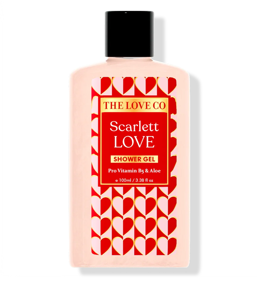 Shower gel bottle with red and white label on a white background