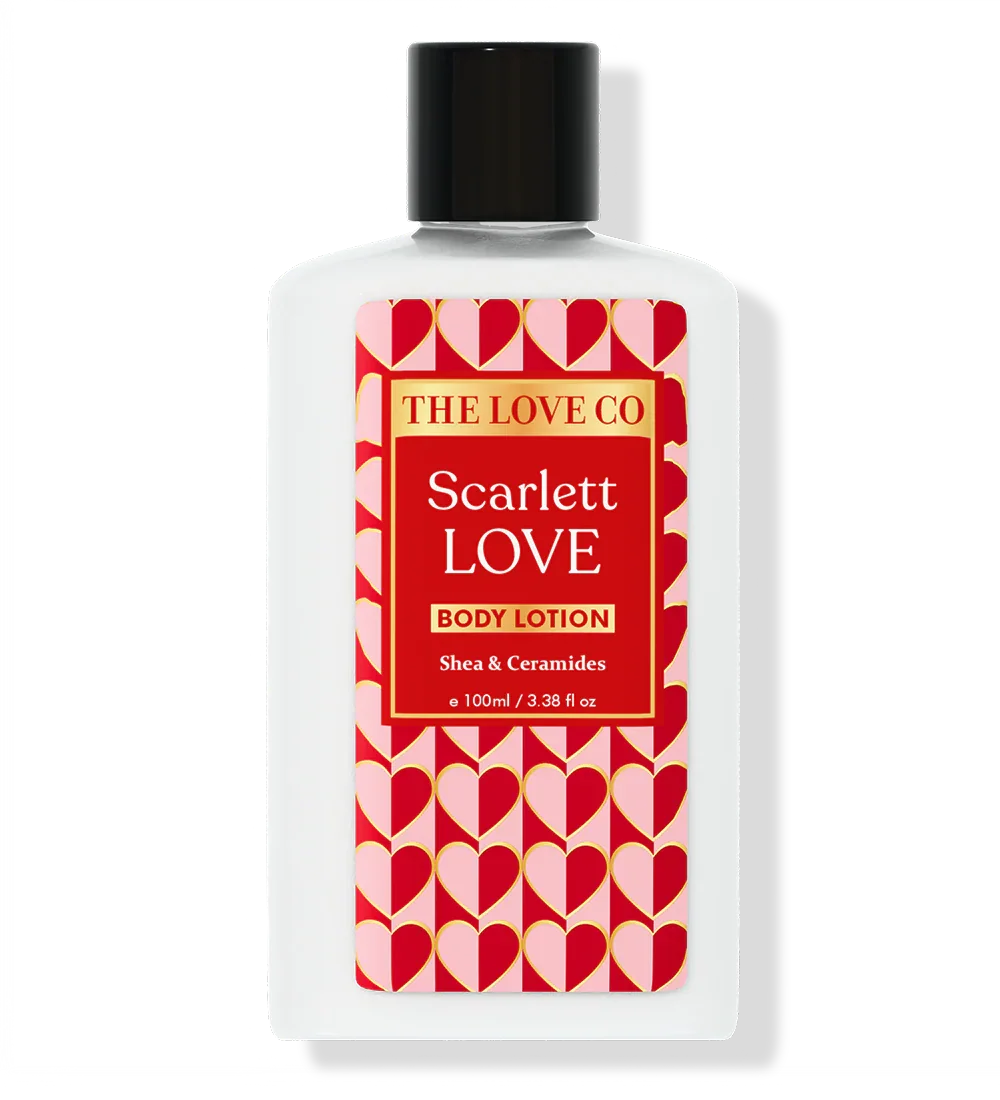 THE LOVE CO Scarlett Love Body Lotion 100ml with shea and ceramides, red heart label design