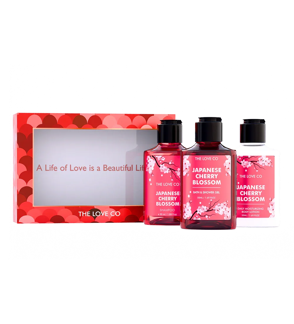 The Love Co Japanese Cherry Blossom mini pack with shampoo, shower gel, and body lotion