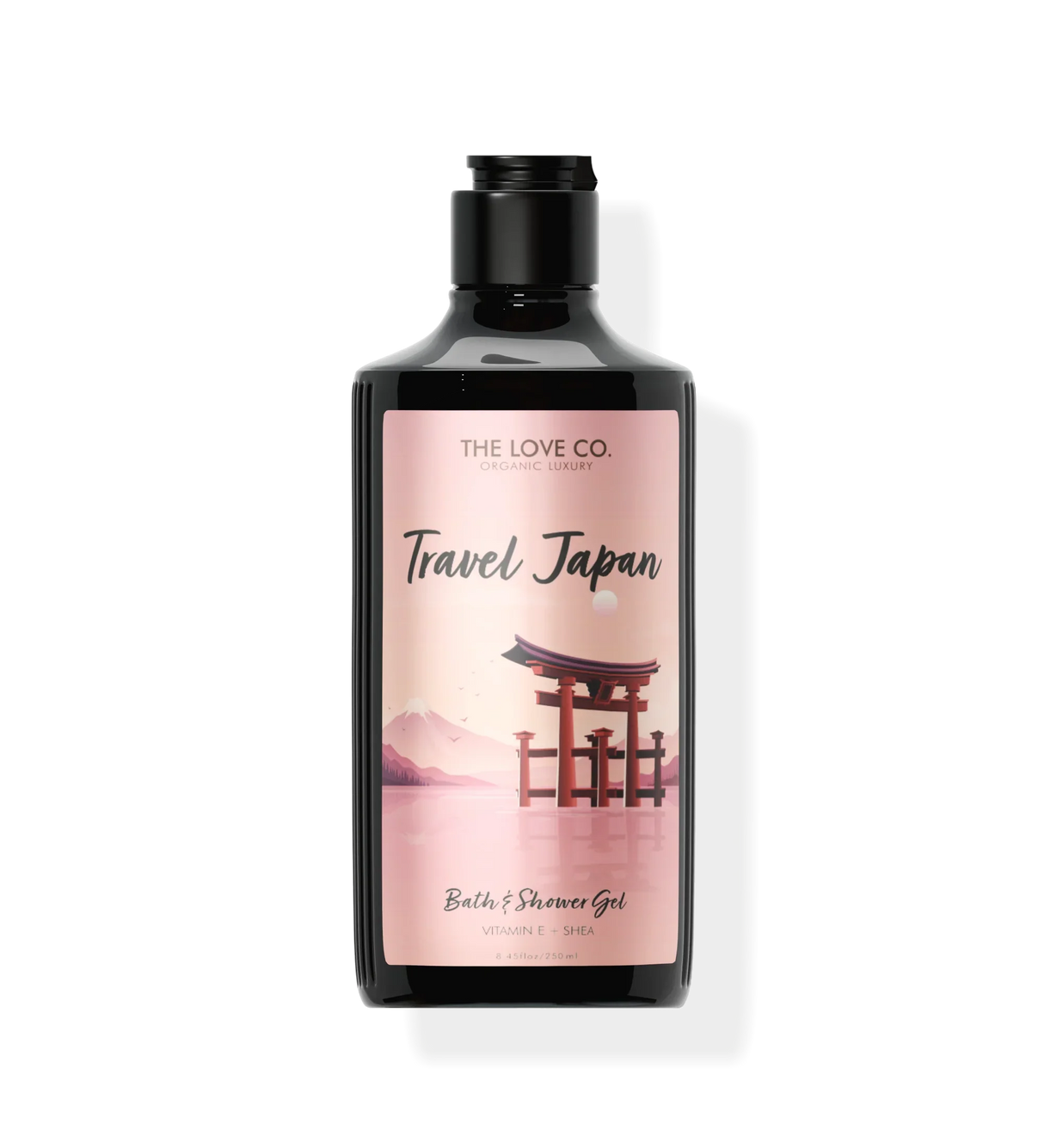 Travel Japan body wash bottle with Torii gate and mountain on pink label, The Love Co.