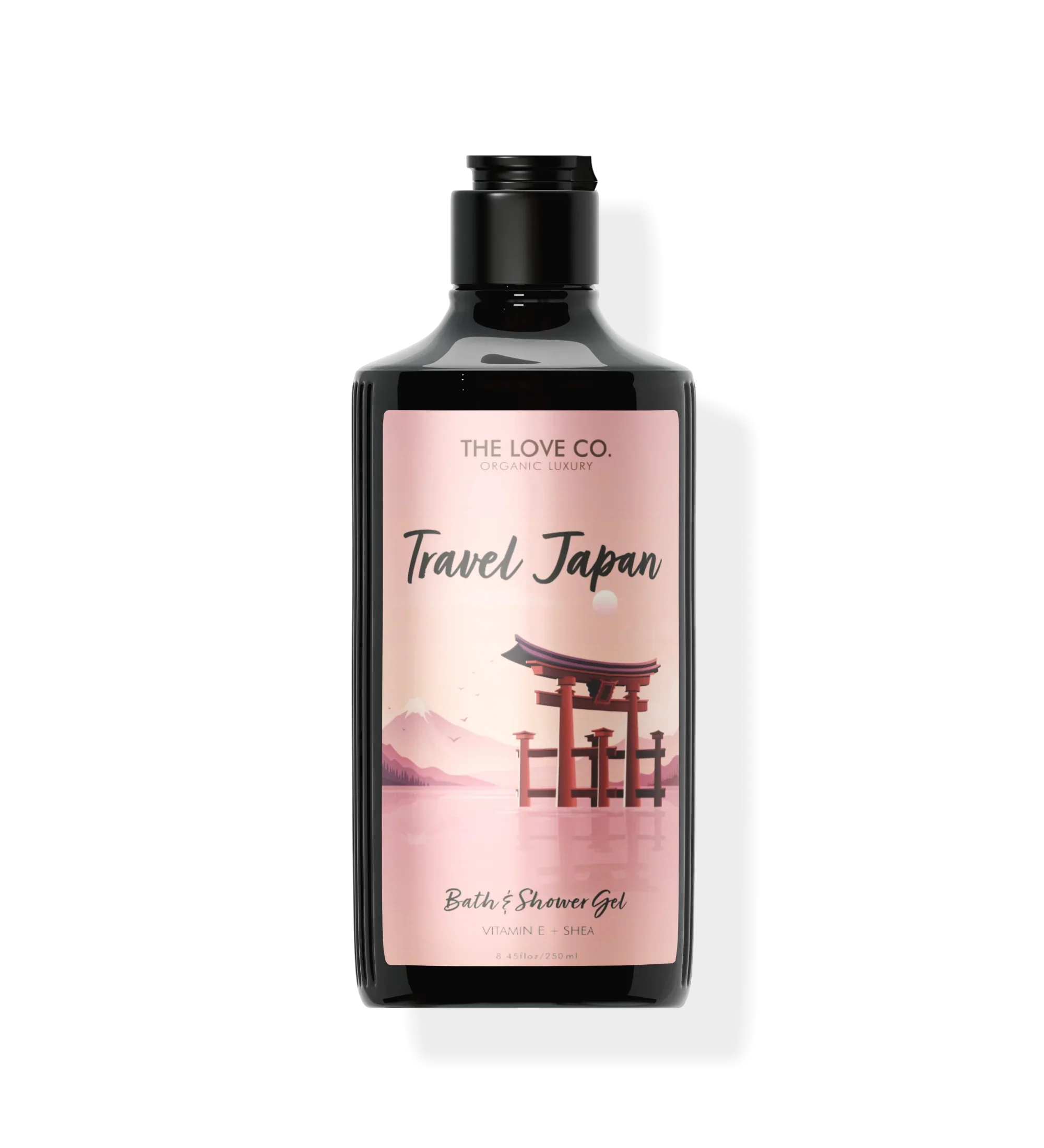 Travel Japan body wash bottle with Torii gate and mountain on pink label, The Love Co.
