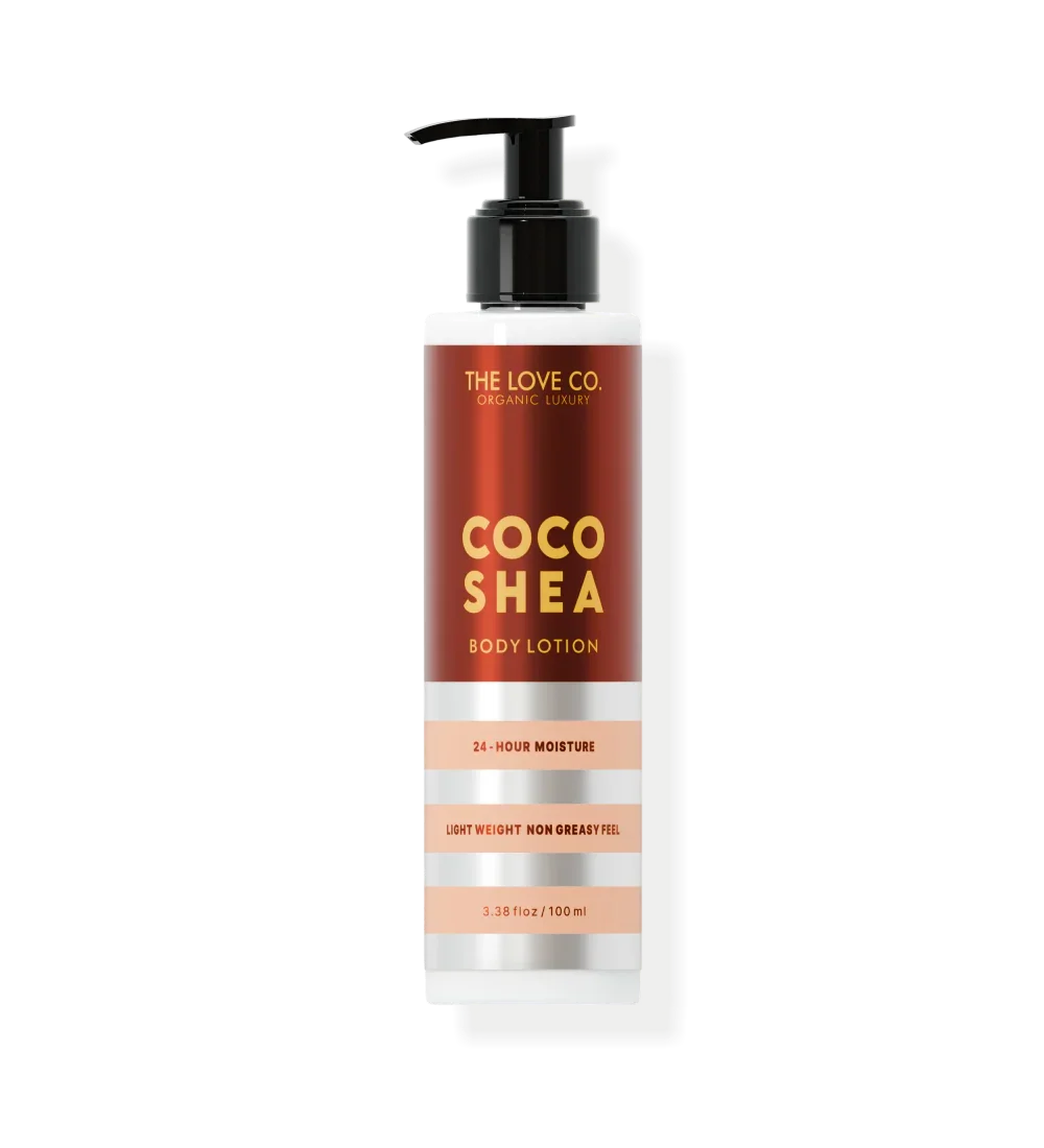 The Love Co. Coco Shea Body Lotion bottle with pump, 100 ml, brown and white label