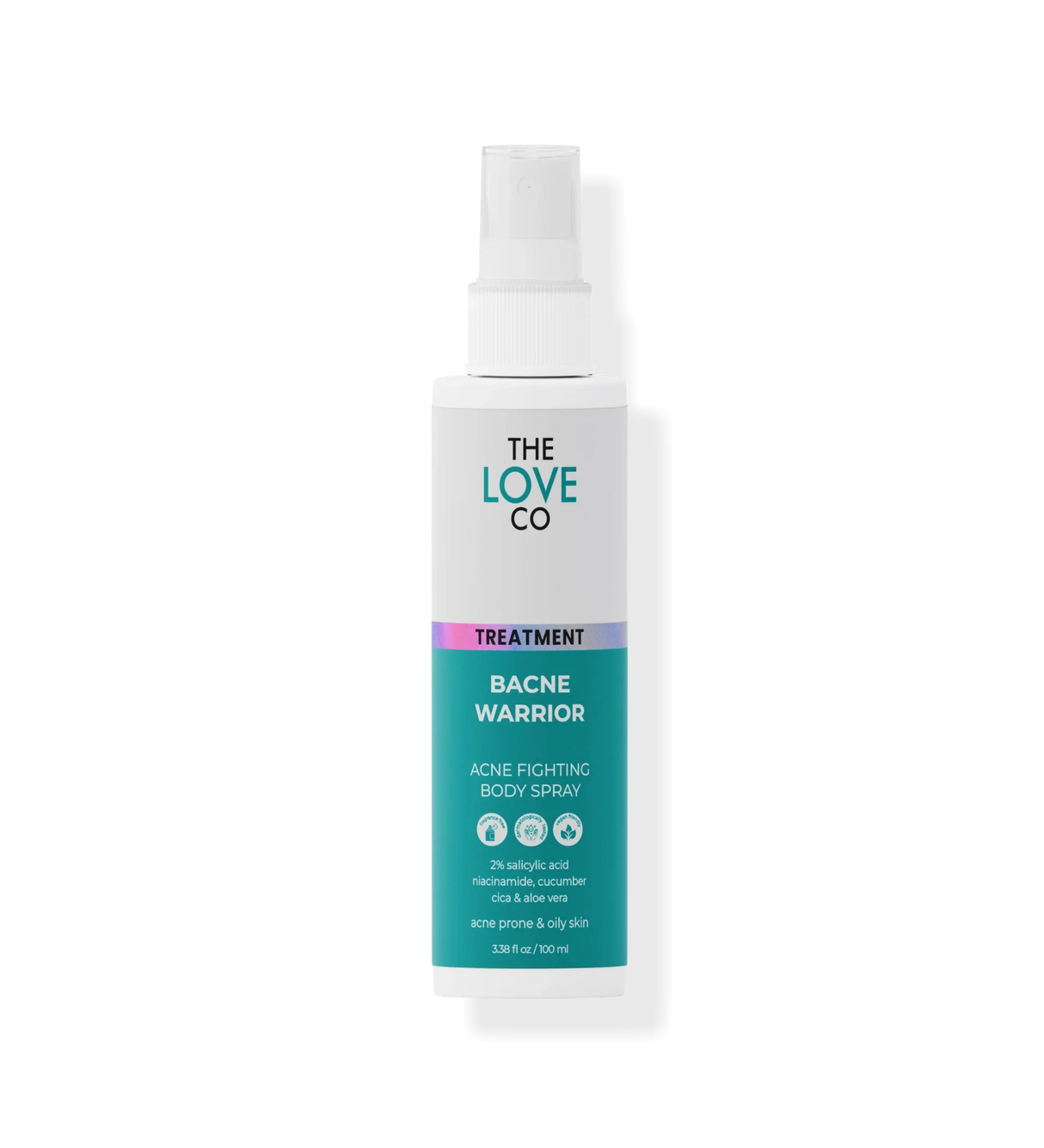 The Love Co Bacne Warrior acne fighting body spray bottle with teal label