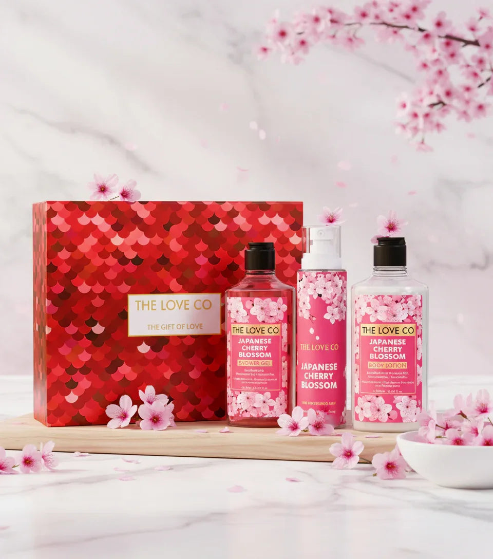 The Love Co Japanese Cherry Blossom gift set with shower gel, body lotion, and fragrance on marble background with pink cherry blossoms.