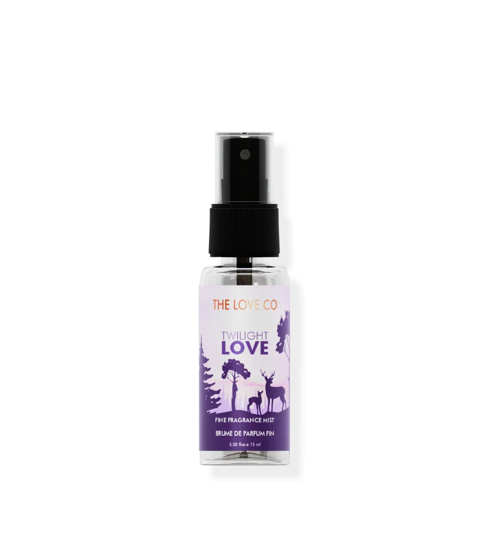 Twilight Love 15ml fine fragrance body mist bottle with deer and trees on purple label