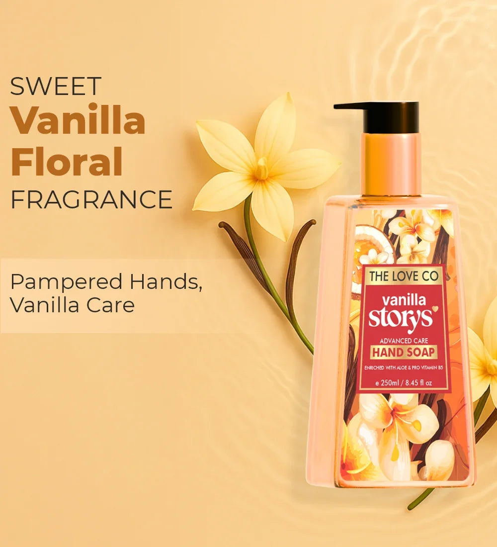 Vanilla hand wash bottle with floral design, vanilla flowers, and sweet vanilla fragrance text