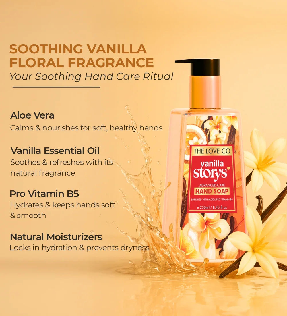 Vanilla Story's hand soap bottle with vanilla flowers, water splash, and product benefits text.