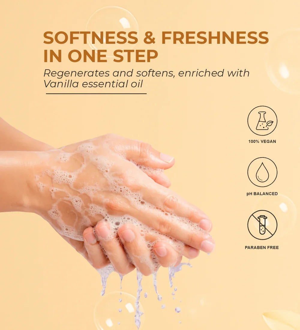 Hands washing with foamy vanilla hand wash, vegan, pH balanced, paraben free, beige background