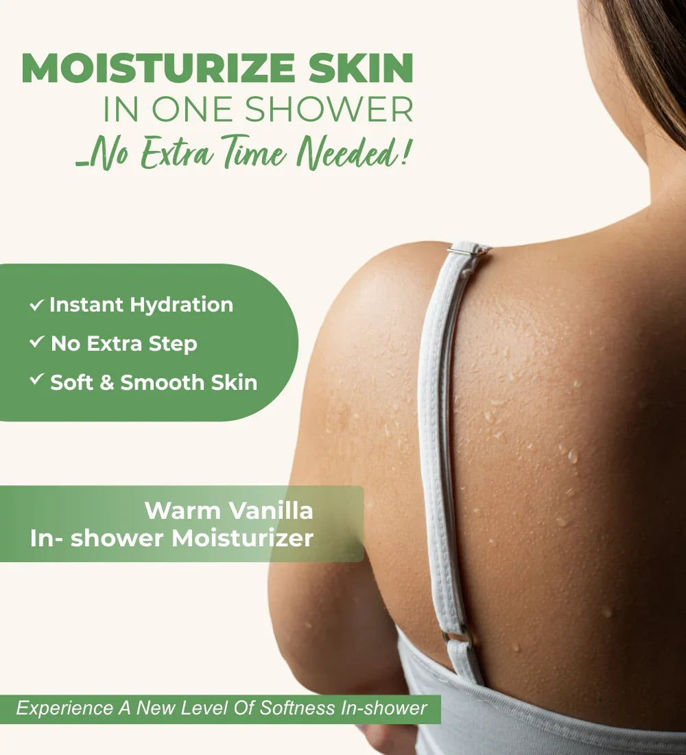 Woman's wet shoulder promoting warm vanilla in-shower moisturizer benefits