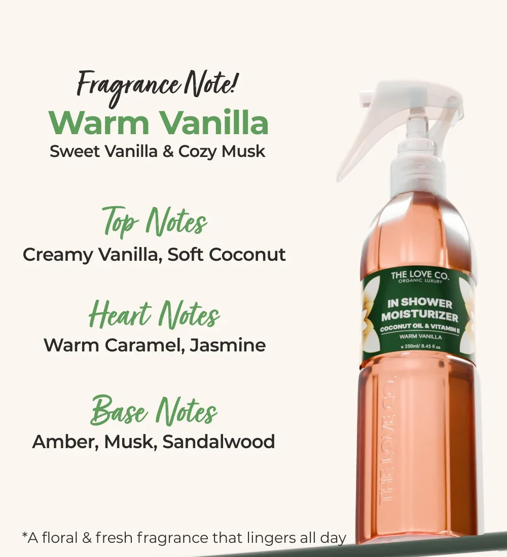 In Shower Moisturizer bottle with warm vanilla, creamy vanilla, coconut, and musky notes