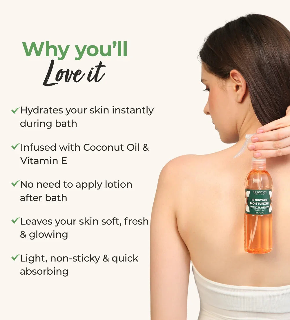 Woman holding The Love Co. Vanilla in Shower Moisturizer bottle, skincare benefits listed beside