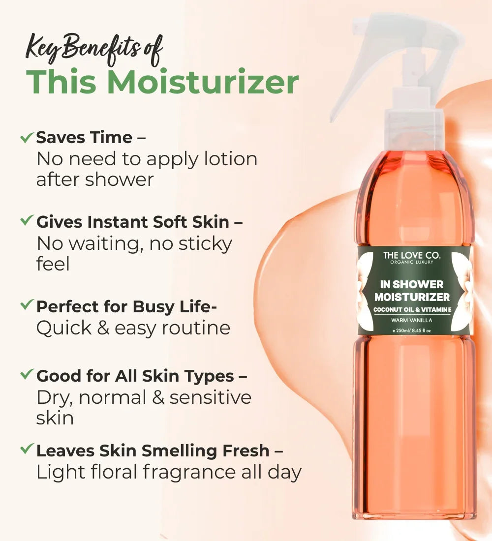The Love Co. Warm Vanilla In Shower Moisturizer bottle with key benefits listed