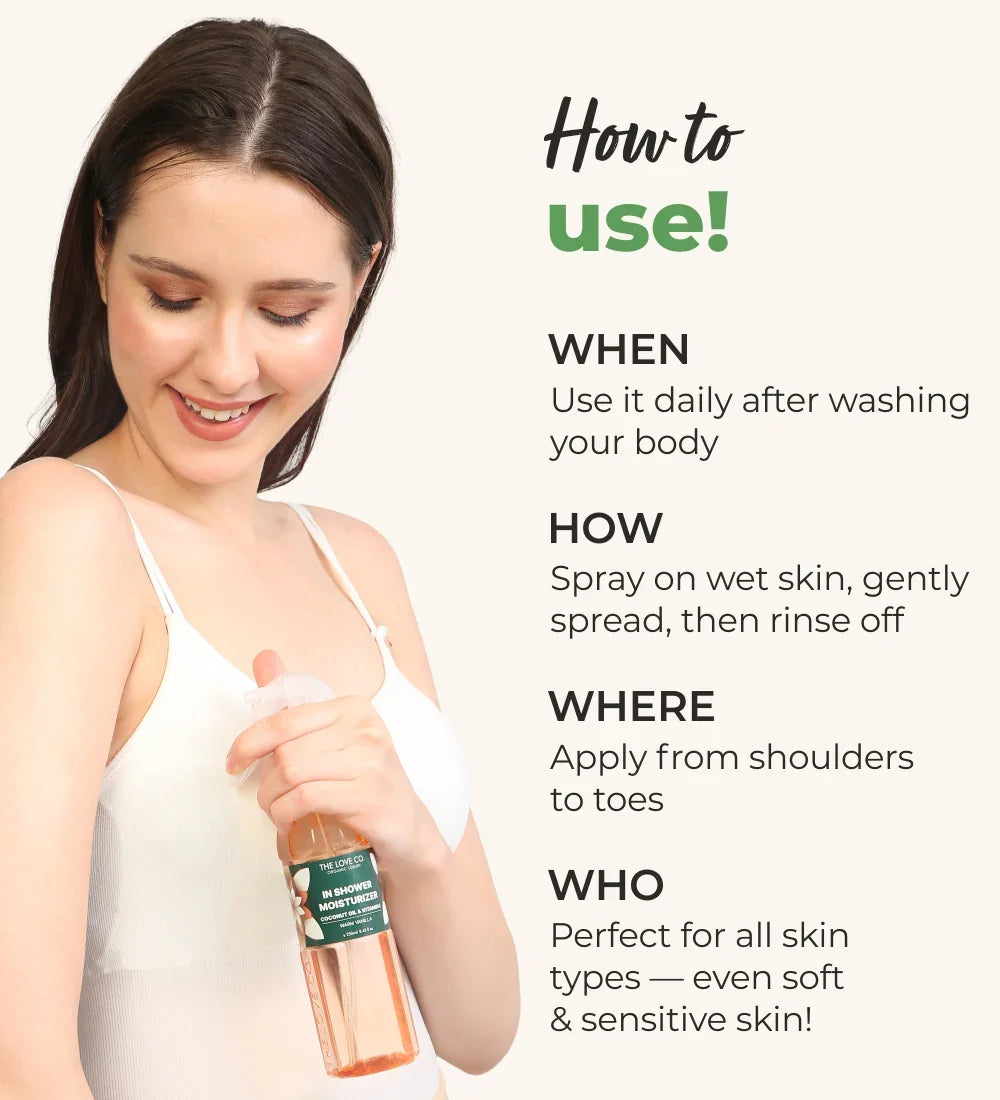 Woman in white top holding bottle of vanilla in-shower moisturizer with usage instructions.