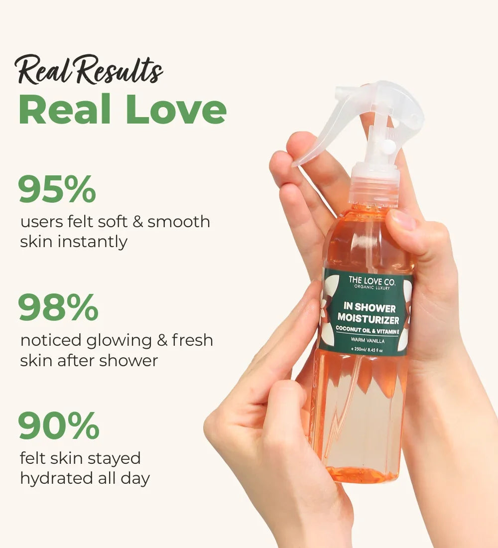 Hands holding The Love Co. vanilla in-shower moisturizer spray against a light background