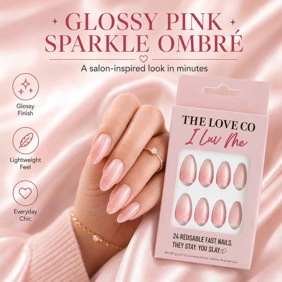 Pink Glitter Almond Press-On Nails — Sparkle, Glue-Free – view 4 | The Love Co