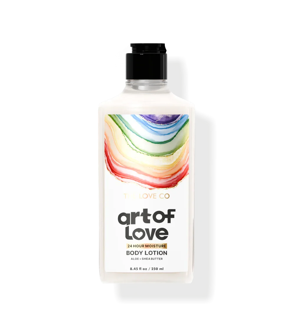A bottle of Art Of Love Body Lotion with a colorful abstract design