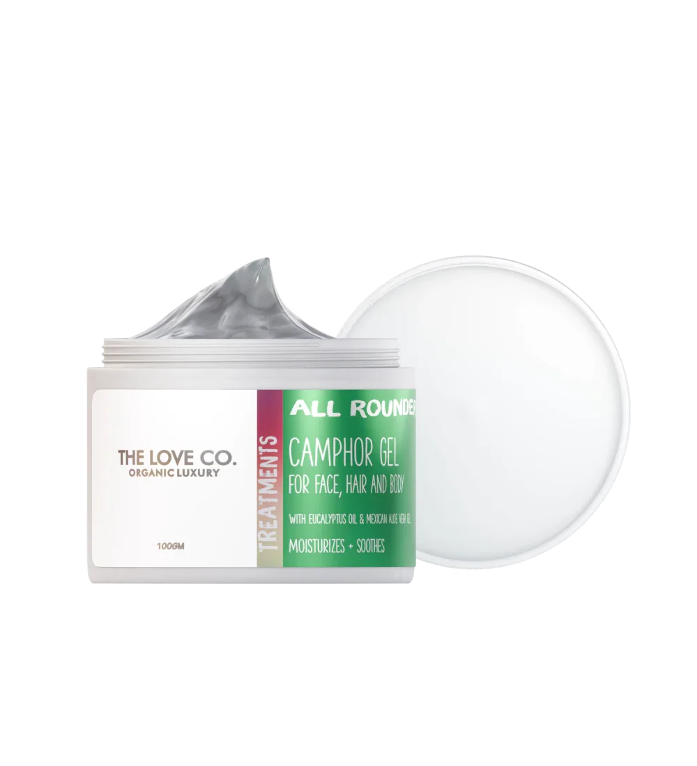 The Love Co. camphor gel jar for face, hair, and body, open with visible gel and round lid