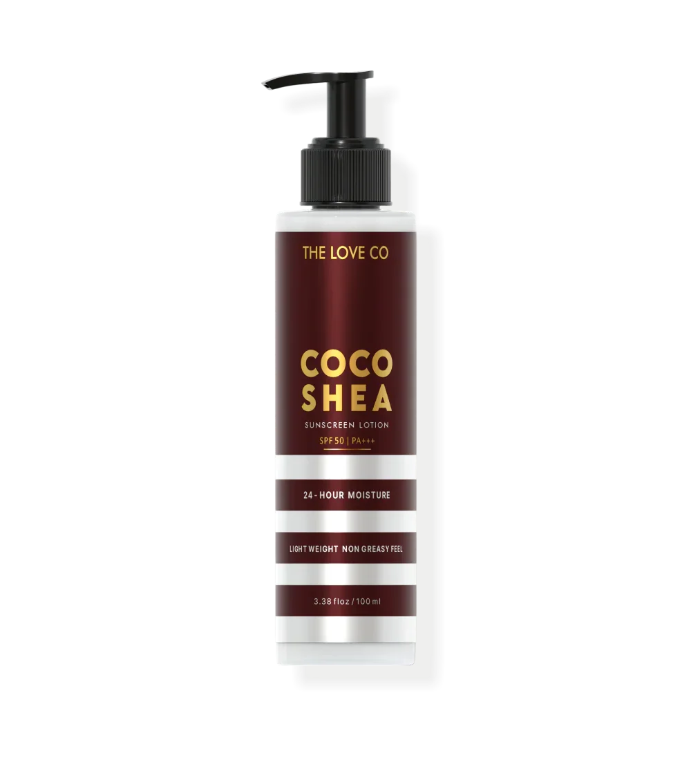 Coco Shea sunscreen body lotion bottle with pump, SPF 50, 24-hour moisture by The Love Co