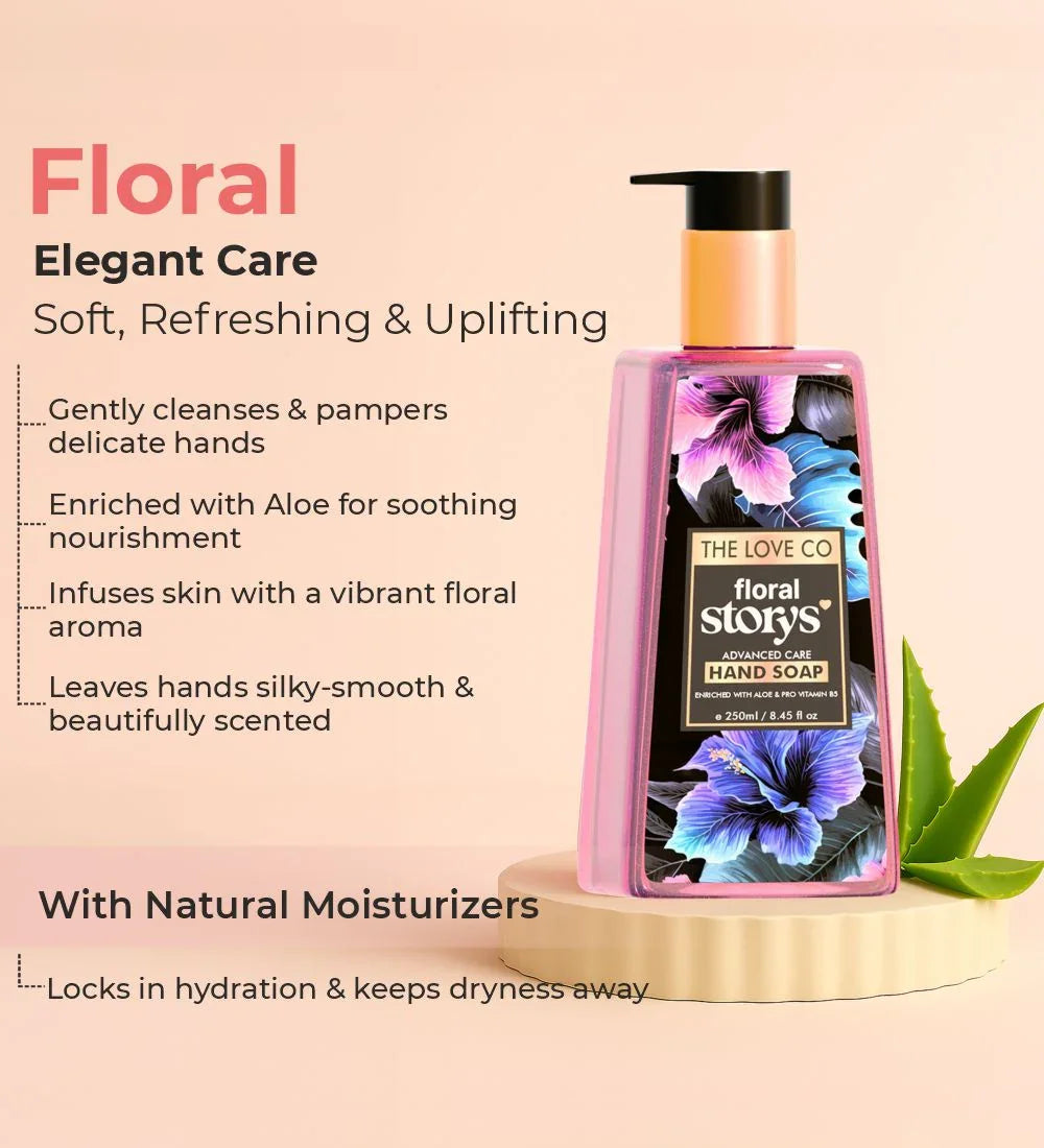 Floral hand soap bottle with vibrant flower design, aloe vera and product benefits displayed.