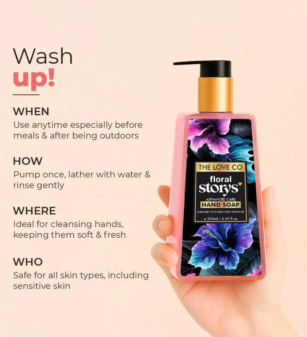 Hand holding The Love Co floral story hand soap bottle with floral design and usage instructions