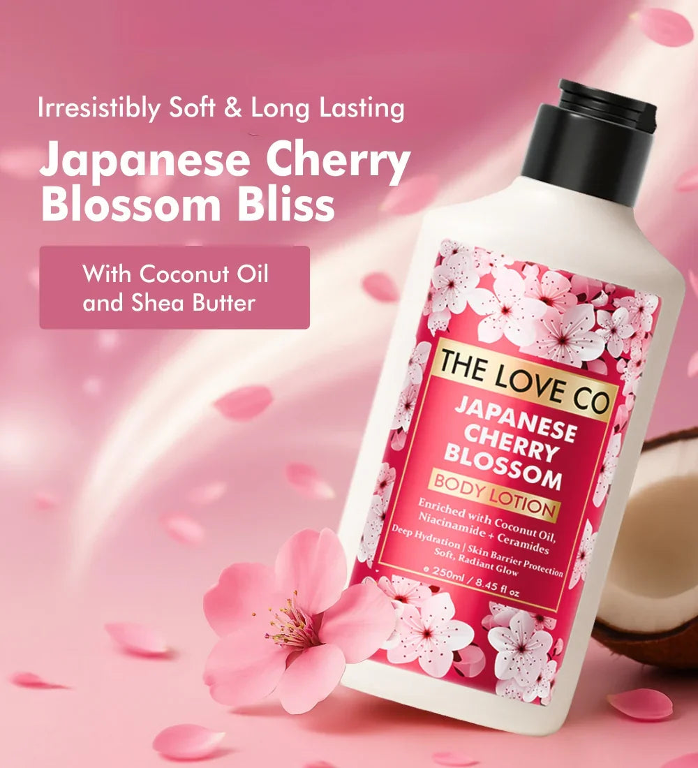 Japanese Cherry Blossom body lotion bottle with cherry blossoms and a coconut on a pink background