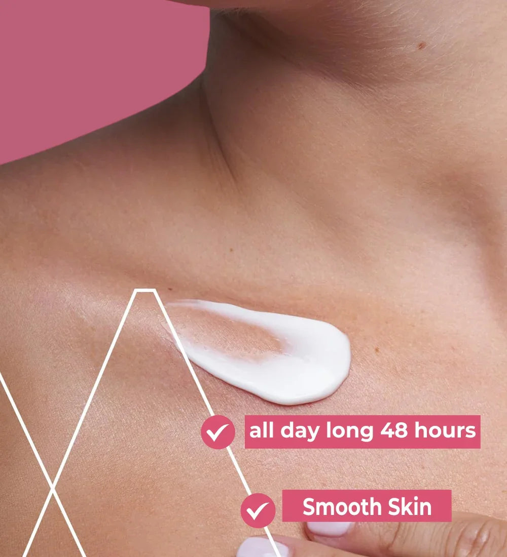 Body lotion applied to skin with text highlighting 48-hour hydration and smooth skin benefits.