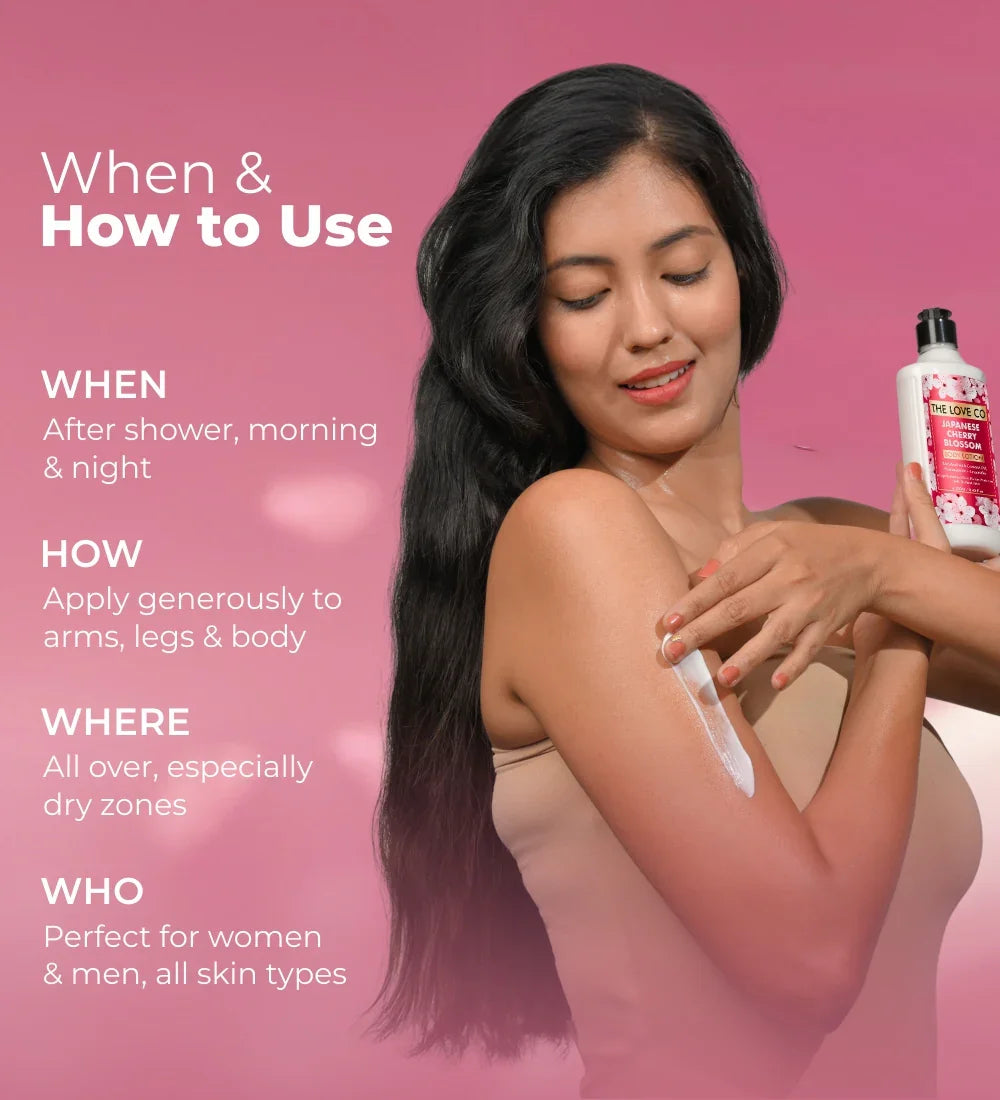 Woman applying Japanese Cherry Blossom body lotion on arm with product instructions, pink background