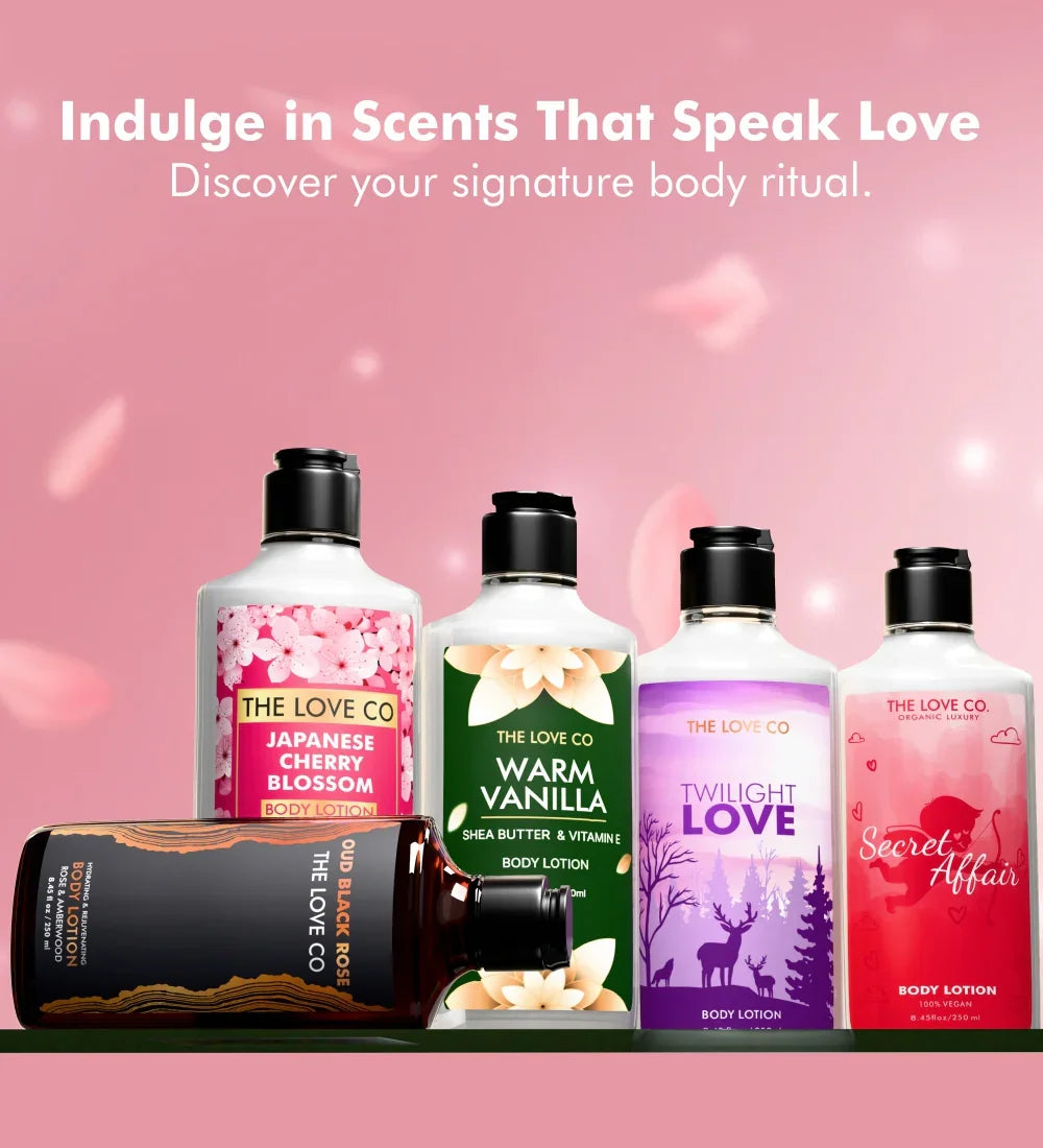 The Love Co body lotion bottles in various scents on a pink background with product names visible.