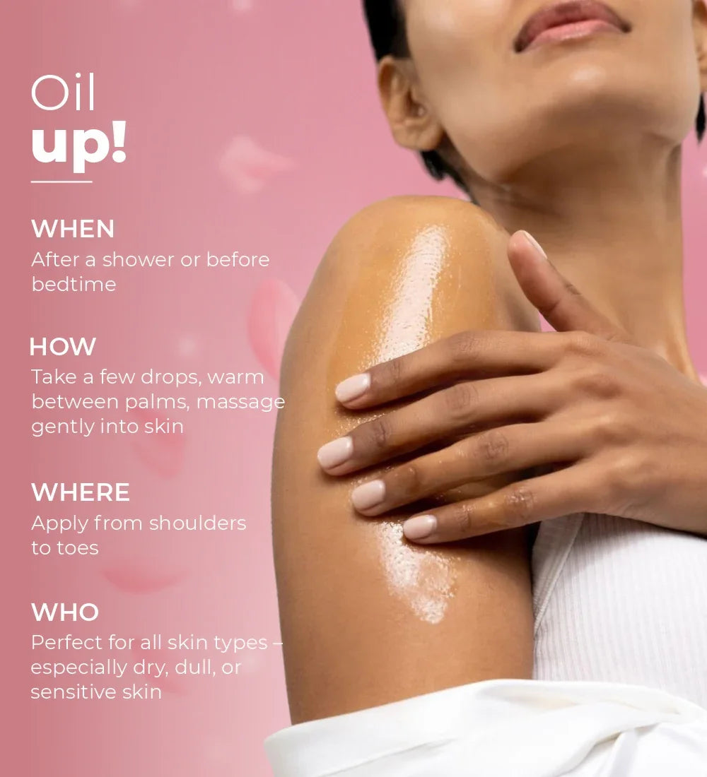 Woman applying body oil to arm with skincare instructions on pink background