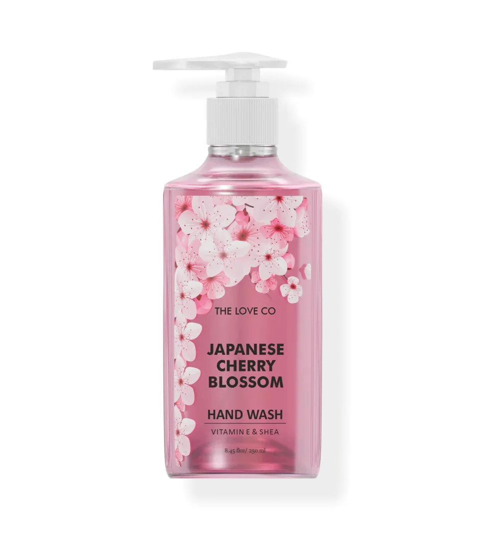 Japanese Cherry Blossom hand wash bottle with pink liquid and floral label