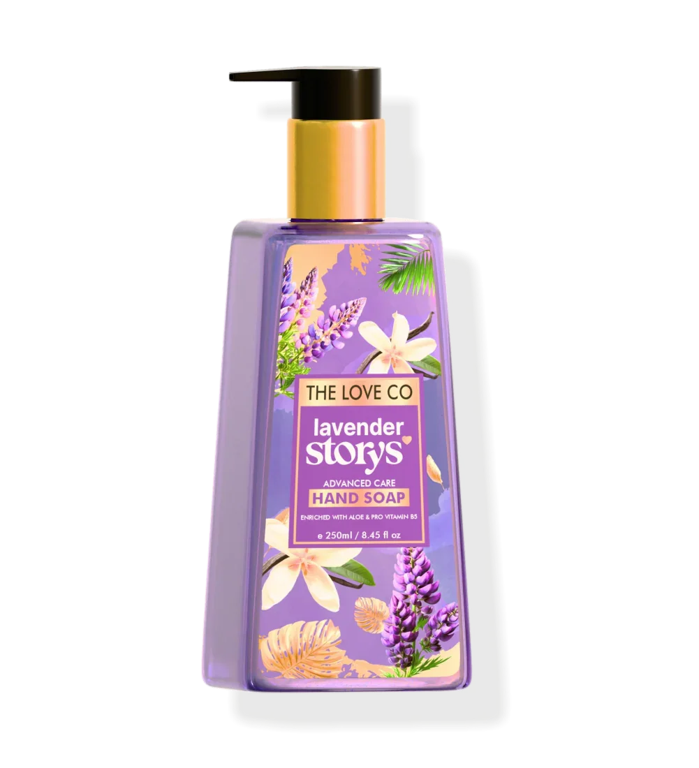 The Love Co Lavender Story's hand soap bottle with floral design and pump dispenser